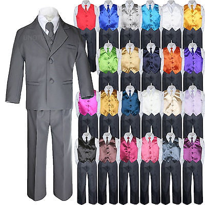 4T 6pc Boy Baby Dark Gray Suit Set with Satin Checkered Necktie Outfits All Size 